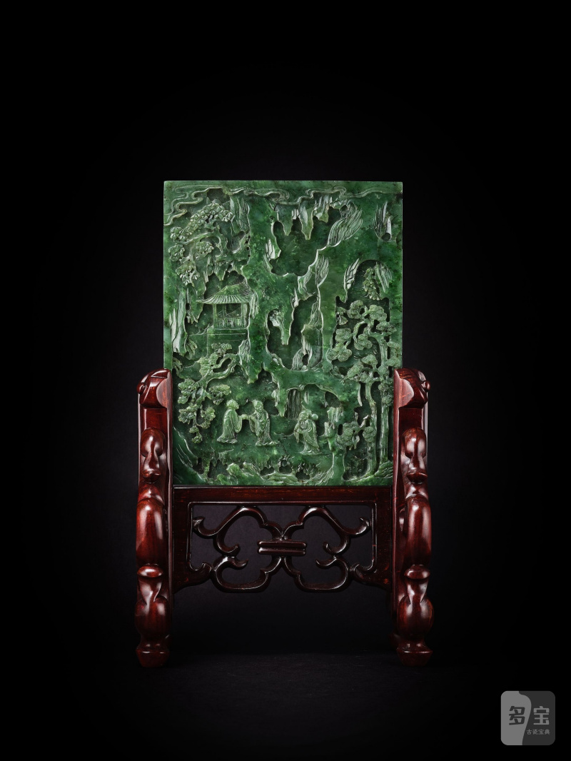 清十九世紀　碧玉人物仙家祝壽圖插屏一對 | A PAIR OF SPINACH GREEN JADE 'FIGURES IN LANDSCAPE' PANELS - 图3